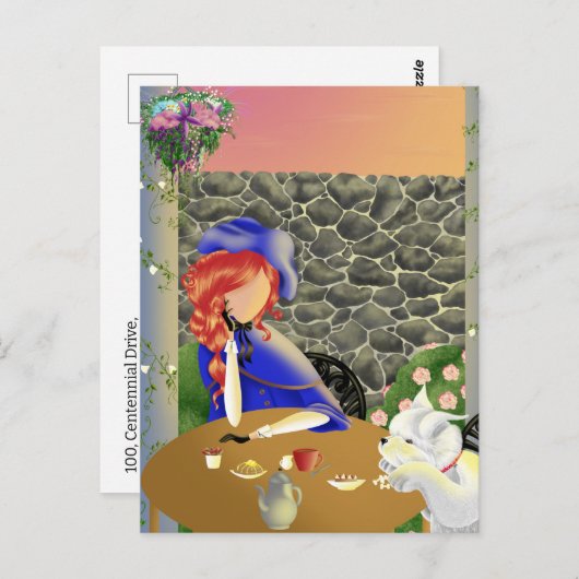 日没のカフェでの犬と女性のポストカード ポストカード (正面/裏面)