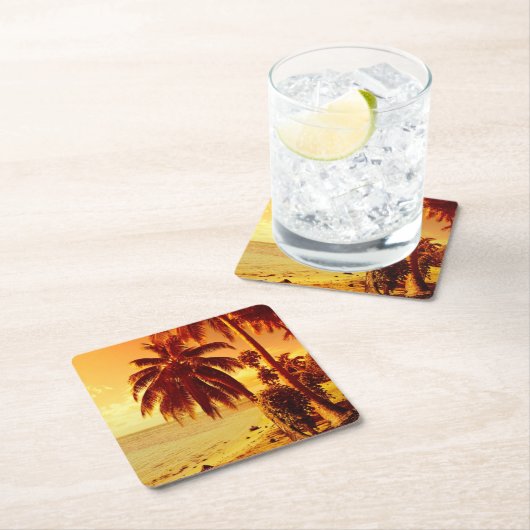 日没のコースターのビーチの熱帯ヤシの木 スクエアペーパーコースター (インサイチュ)