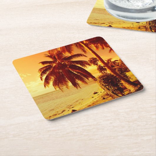 日没のコースターのビーチの熱帯ヤシの木 スクエアペーパーコースター (アングル)