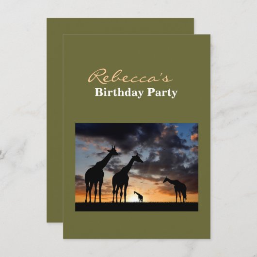 日没のサファリの野生動物のキリンのシルエット 招待状 (正面/裏面)