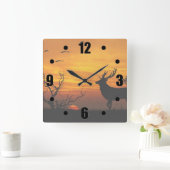 日没のシカのシルエット スクエア壁時計 (ホーム)