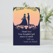 日没のシルエットの花嫁の新郎の結婚式は感謝していしています サンキューカード (スタンド正面)