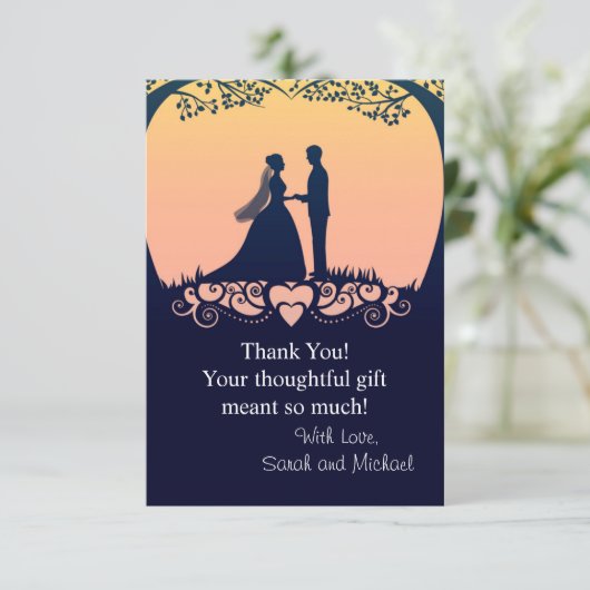 日没のシルエットの花嫁の新郎の結婚式は感謝していしています サンキューカード (スタンド正面)