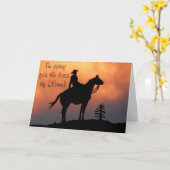 日没のシルエットの馬及びライダー カード (黄色い花)
