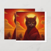 日没のシーンでおしゃれなローブを着た灰色の猫 招待状 (正面/裏面)