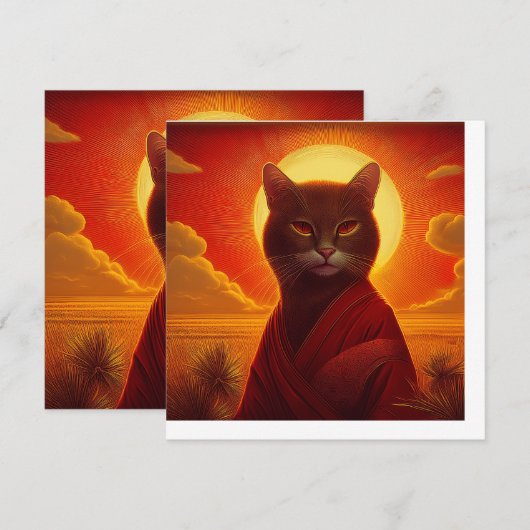 日没のシーンでおしゃれなローブを着た灰色の猫 招待状 (正面/裏面)