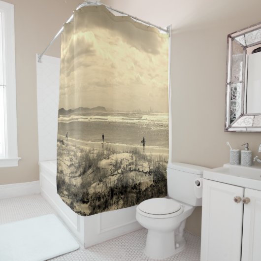 日没のセピア色の波のビーチのシャワー・カーテン シャワーカーテン (インサイチュ)