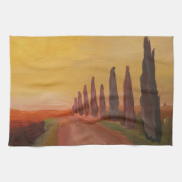 日没のタスカニーイタリアの田舎道 キッチンタオル