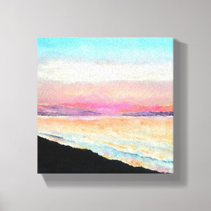 日没のチョークのペンキのパステル調のビーチの絵画 キャンバスプリント