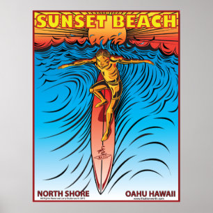 日没のビーチのハワイSURFBREAKのサーフィン ポスター
