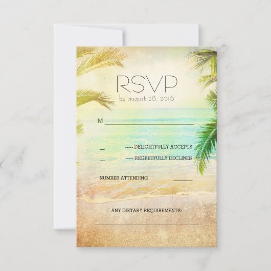 日没のビーチロマンチックな結婚RSVPのカード 出欠カード (正面)