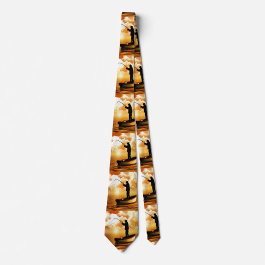 日没のボートの魚釣りの漁師 ネクタイ (正面)