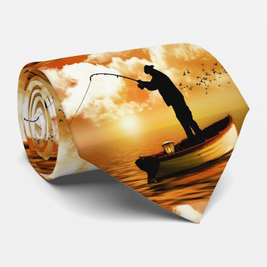 日没のボートの魚釣りの漁師 ネクタイ (ロール)
