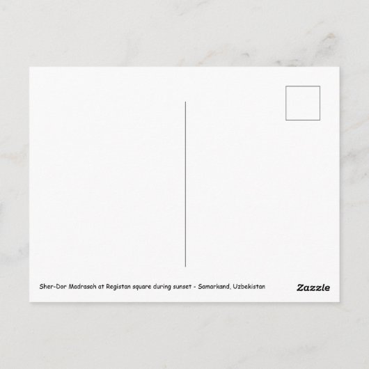 日没のリジェスタン広場 – サマルカンド,ウズベキスタン ポストカード (裏面)