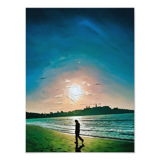 日没の人の歩くビーチのシルエット フォトプリント            (正面)