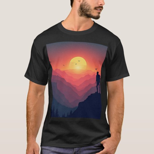 日没の冒険好きなハイカーシルエット Tシャツ (正面)