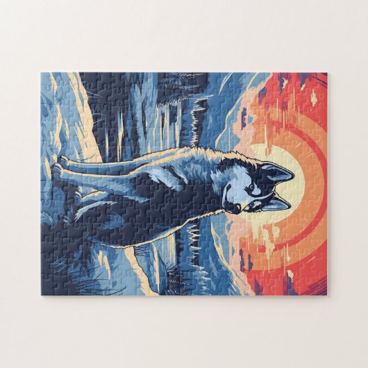 日没の冬の森の中でハスキー ジグソーパズル (横)