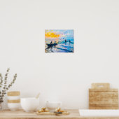 日没の印象派の海岸の風景で漁師 ポスター (キッチン)