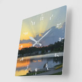 日没の反射と鳥のシルエット スクエア壁時計 (傾斜)