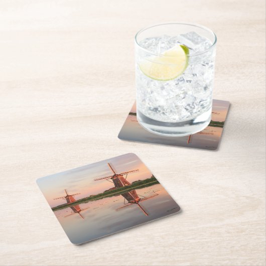 日没の反射の2つの風車 スクエアペーパーコースター (インサイチュ)