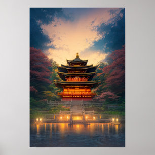 日没の日本の魅惑的な寺院 ポスター