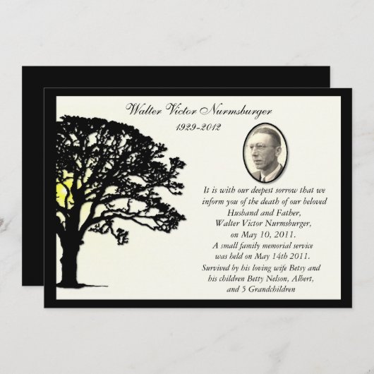 日没の木の写真の死の発表カード 案内状 (正面/裏面)