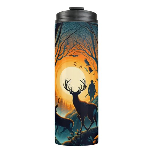 日没の森で鹿の狩人のシルエット。 タンブラー (正面)