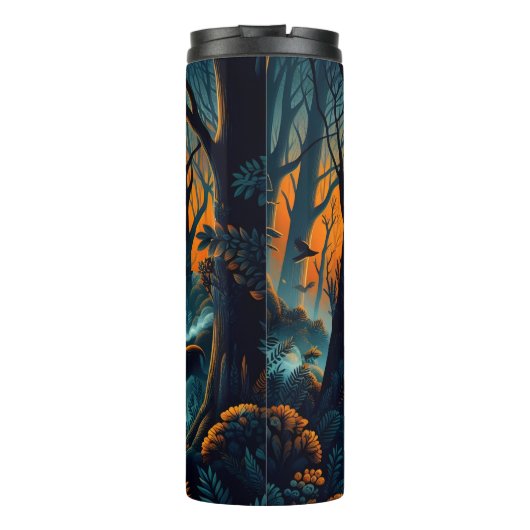 日没の森で鹿の狩人のシルエット。 タンブラー (裏面)