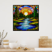 日没の森の中の川 ポスター (キッチン)
