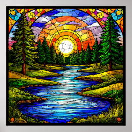 日没の森の中の川 ポスター