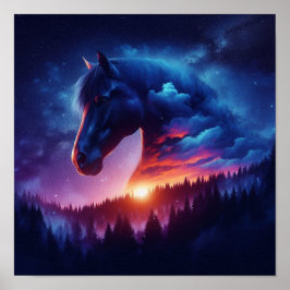 日没の森の中の馬のシルエット|過去記事 ポスター