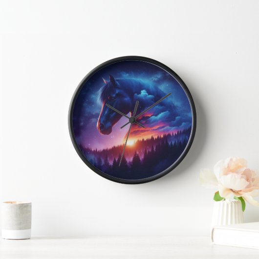 日没の森の中の馬のシルエット|過去記事 壁時計 (ホーム)