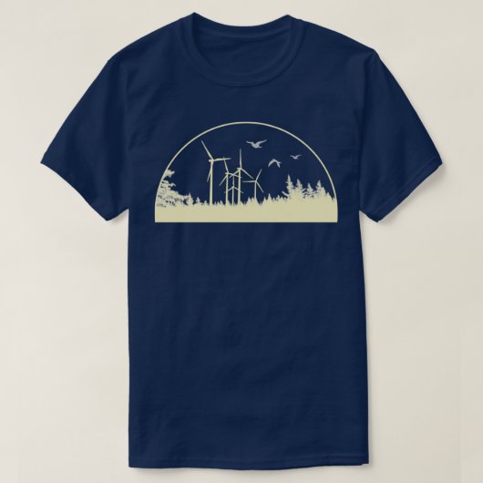 日没の森の再生可能エネルギー風力発電所 Tシャツ (デザイン正面)