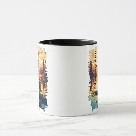 日没の森の反射でフクロウ マグカップ (中央)