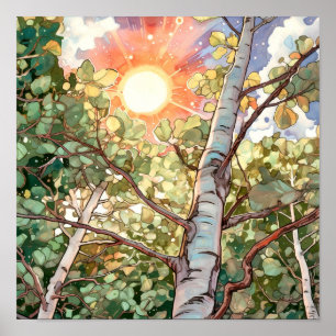 日没の森の水の色絵を描のポスター ポスター