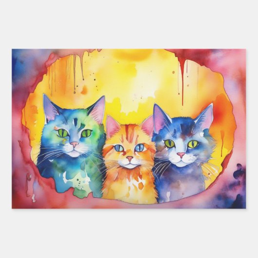 日没の水彩画を描いた不思議な猫 ラッピングペーパーシート (正面)