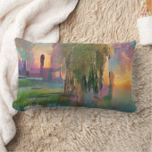 日没の池のそばの柳と藤 ランバークッション (ブランケット)