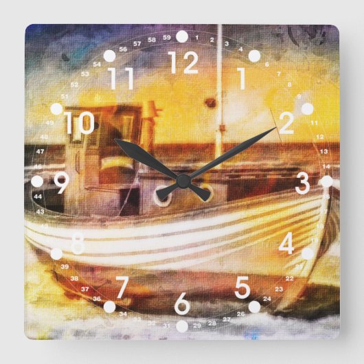 日没の海の芸術のビーチの航海のな漁船 スクエア壁時計 (正面)