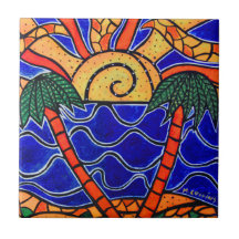 日没の熱帯タイルのビーチの芸術のヤシの木