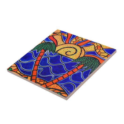 日没の熱帯タイルのビーチの芸術のヤシの木 タイル (側面)