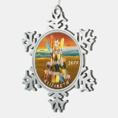日没の熱帯ビーチのカヤッククリスマスツリー スノーフレークピューターオーナメント (右)