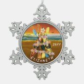 日没の熱帯ビーチのカヤッククリスマスツリー スノーフレークピューターオーナメント (正面)