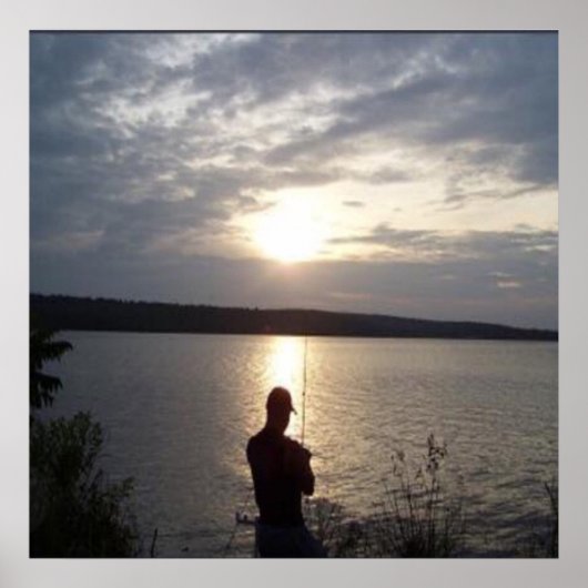 日没の男性魚釣りのシルエット ポスター (正面)