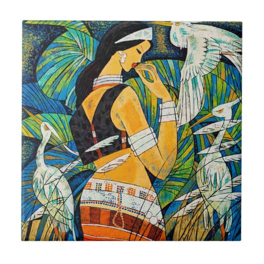 日没の白熱Haoのポーンのオリエンタルの抽象的な女性鳥 タイル (正面)