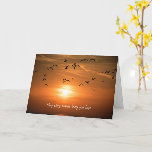 日没の空の海のシルエット カード (黄色い花)