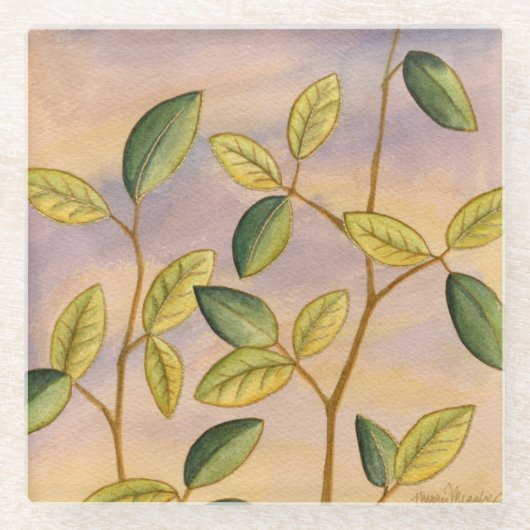 日没の背景に葉緑と黄色の ガラスコースター (正面)