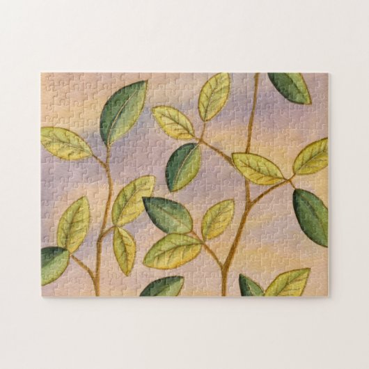 日没の背景に葉緑と黄色の ジグソーパズル (横)