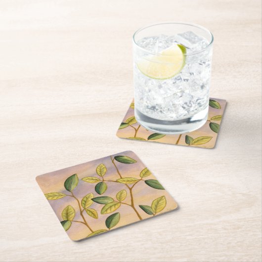 日没の背景に葉緑と黄色の スクエアペーパーコースター (インサイチュ)