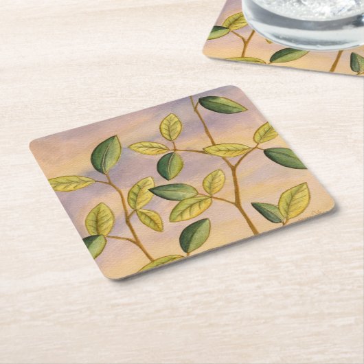 日没の背景に葉緑と黄色の スクエアペーパーコースター (アングル)