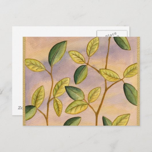 日没の背景に葉緑と黄色の ポストカード (正面/裏面)